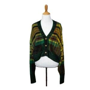 Urban Outfitters Green Yellow Thea Fuzzy Plaid Cropped Cardigan Size XS Womens